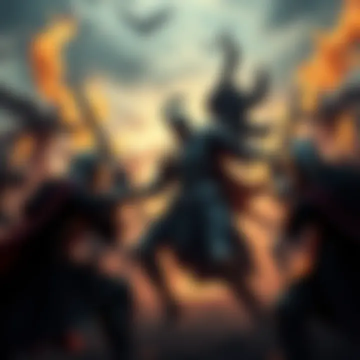 Chaos Knight in Battle A fierce combat scene featuring Chaos Knight facing off against divine beings and skilled heroes, showcasing the balance of power in battle.