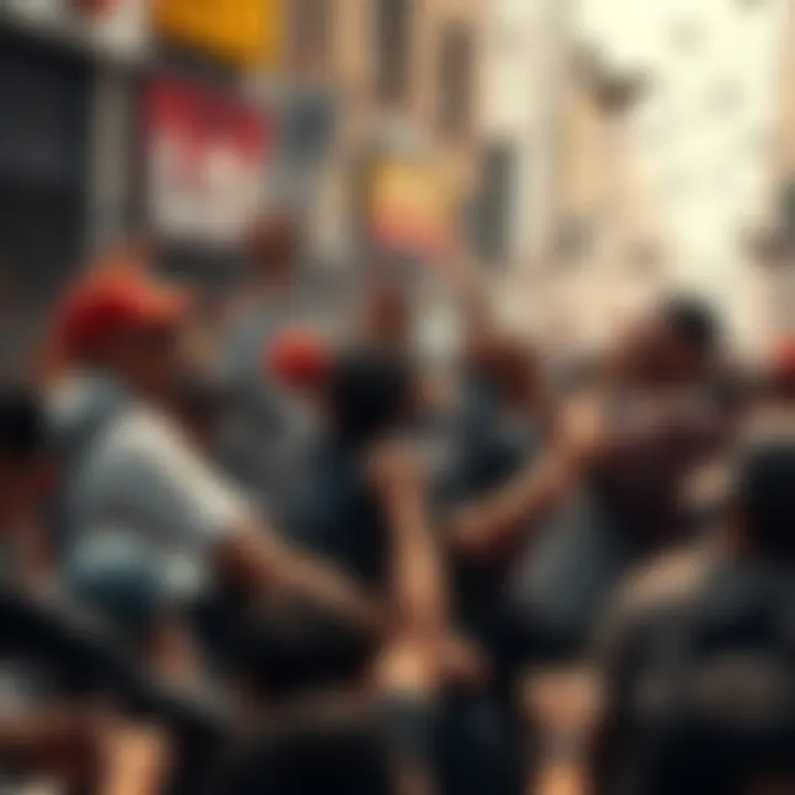 Crowd of people scrambling for valuable items during chaotic scene