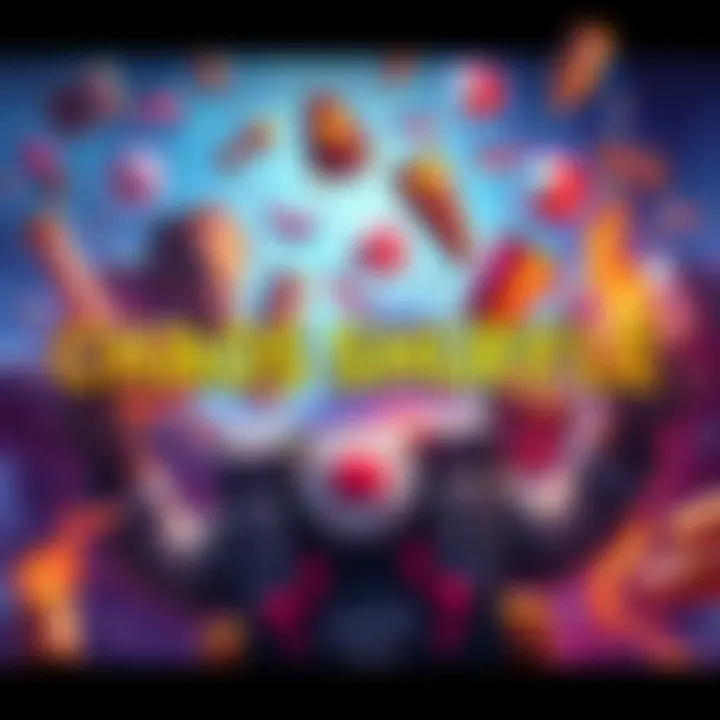 Chaos Shuffle Concept An illustration showing random cosmetic items, perks, and add-ons for a game, symbolizing Chaos Shuffle feature