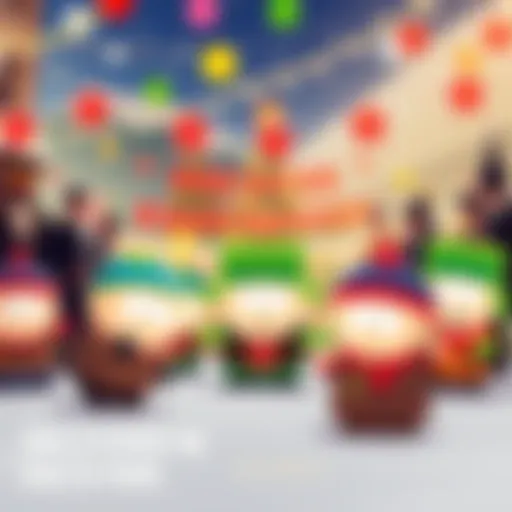 A lively scene in South Park with characters interacting and a festive atmosphere