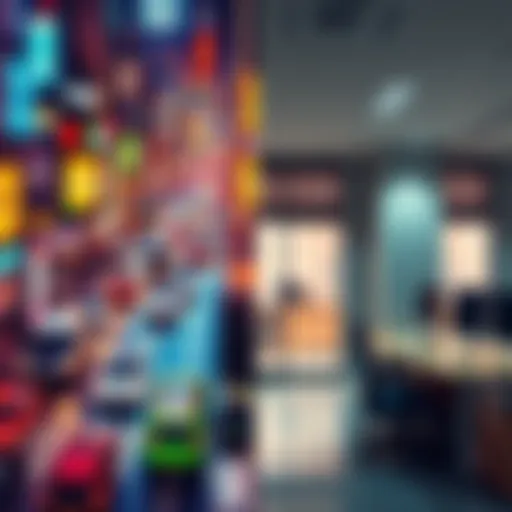 A split image showing one side with vibrant, chaotic city life and the other side with a calm, quiet office space, symbolizing lifestyle choices.