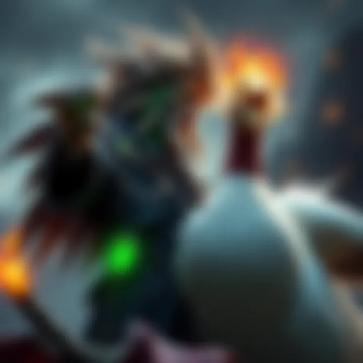 A chaotic warlock character with wild hair and a magical aura, accompanied by a giant goose patron in a fantasy setting
