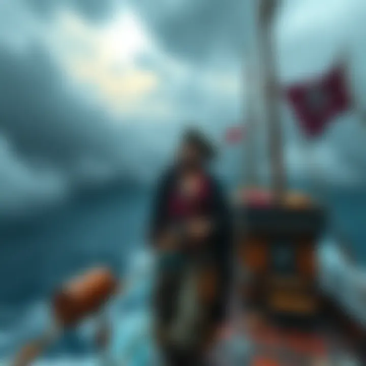 A chaotic pirate mercenary stands on the deck of a ship, looking out at stormy waters under dark clouds. They wear vibrant, mismatched clothing and a confident smirk, surrounded by pirate flags and treasures. Their ship is weathered yet imposing, reflecting their adventurous life.