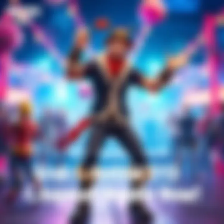 Fortnite character Chappell Roan dressed in festive attire, excitedly dancing at a festival backdrop