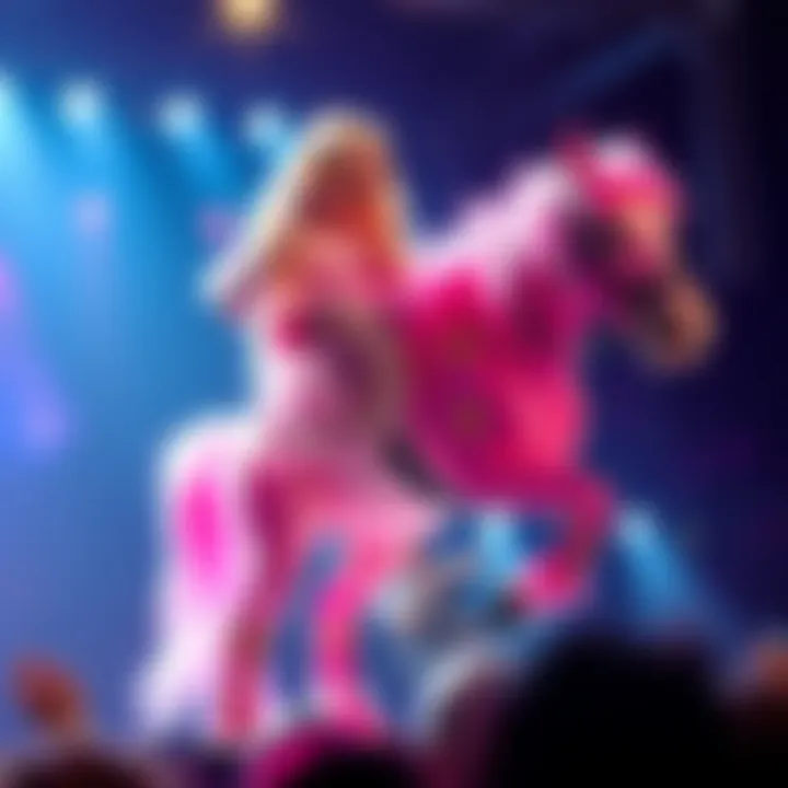 Chappell Roan performing on stage with her colorful pink pony sidekick, engaging the audience with a lively atmosphere.