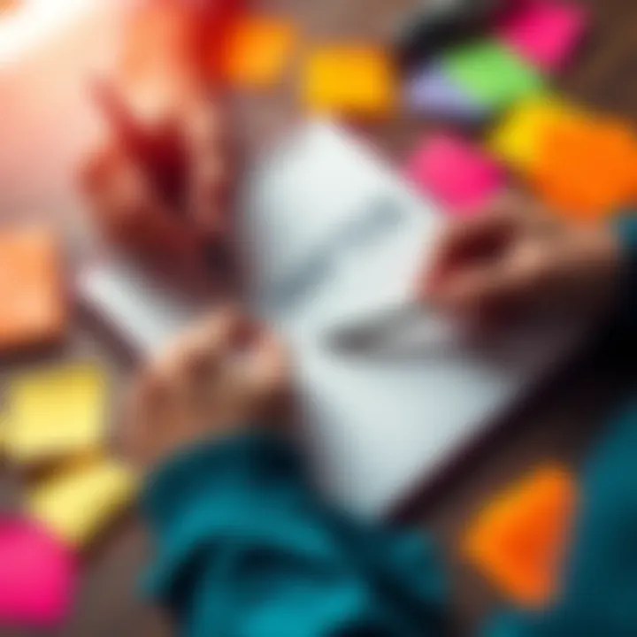 A person brainstorming ideas for a chapter concept on a notepad with colorful sticky notes around.