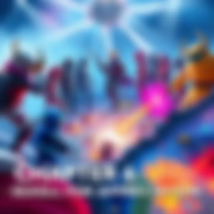 A vibrant scene showing various character skins and highlighted areas of a dynamic game map