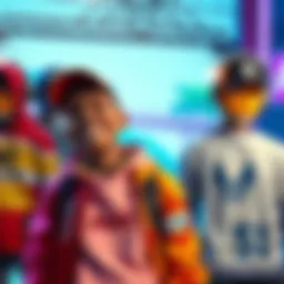 A character showcasing various branded clothes with a vibrant background, emphasizing customization and expression in gaming. The character smiles while posing in front of a photogenic setting.