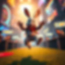 Character Bunny Hopping in Game A gamer character performing a bunny hop, surrounded by a vibrant gaming environment.