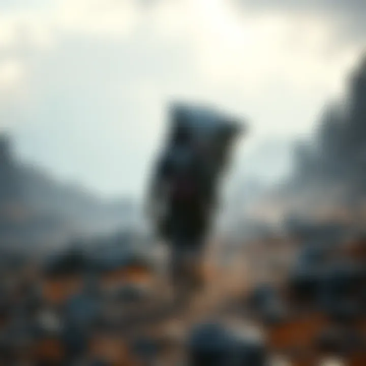 A character walking through a rugged landscape while carrying a large load on their back, showcasing the game's unique setting and mechanics.
