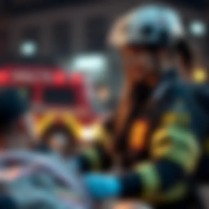 A determined woman in an EMT uniform assists a patient on the scene of an emergency, showing compassion and strength after personal loss.