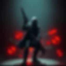 Character Enhancement Concept A character known as The Slasher, holding a weapon, stands in a dimly lit environment with upgrade tools around him, symbolizing potential gameplay improvements.
