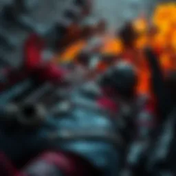 Character's Gruesome Fate Beloved character lies defeated on the battlefield after a fierce fight, surrounded by chaos and wreckage.