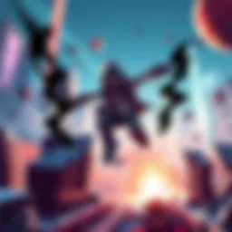 A game character leaps through a visual glitch, creating a fun and unexpected experience in a vibrant game world.