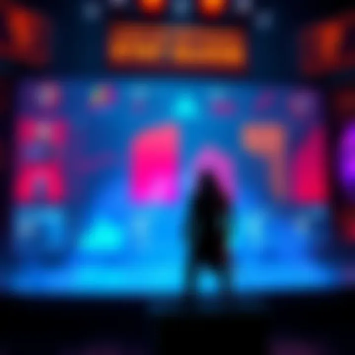 A character standing in front of a glowing display showing various gaming stats like crit rate and cooldowns, indicating optimization in build crafting.