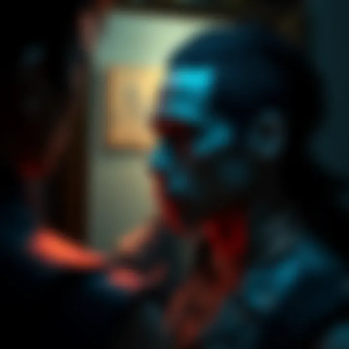 A character stands in front of a mirror, revealing a deep scar on their cheek, symbolizing past struggles and growth.