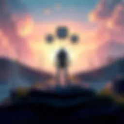 A video game character stands at a crossroad choosing between replaying a biome or moving forward, with health upgrade icons above their head.