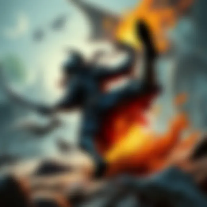 A character in a fantasy armor rolling to avoid an attack in a mystical environment, surrounded by fantastical creatures and landscapes.