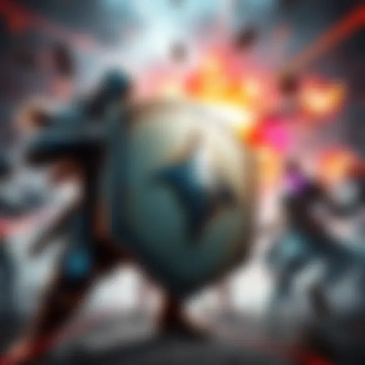 Character using a shield in battle A game character holds a large shield, blocking incoming attacks during a fierce battle scene.