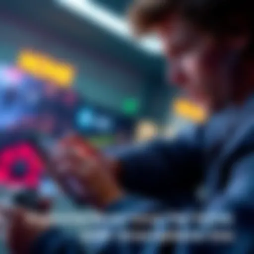 A character interacts with a smartphone while engaging with gaming elements in a film setting.