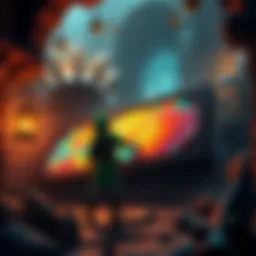Character solving a dungeon puzzle A game character interacting with a large, colorful puzzle in a fantasy dungeon setting