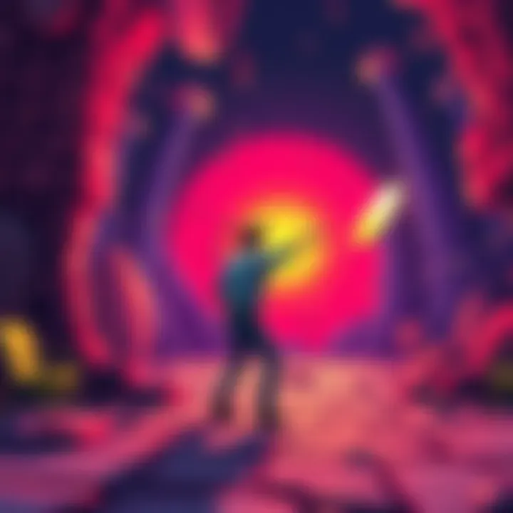 Character throwing a discus at a backdrop A player character in a colorful early '90s PC adventure game throws a discus to shatter a decorative background, revealing a new area to explore.