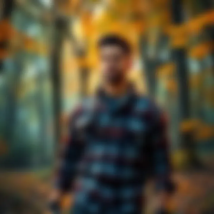 Character in Woodland with Flannel A character wearing a stylish flannel shirt standing in a lush woodland setting, surrounded by trees and vibrant nature.