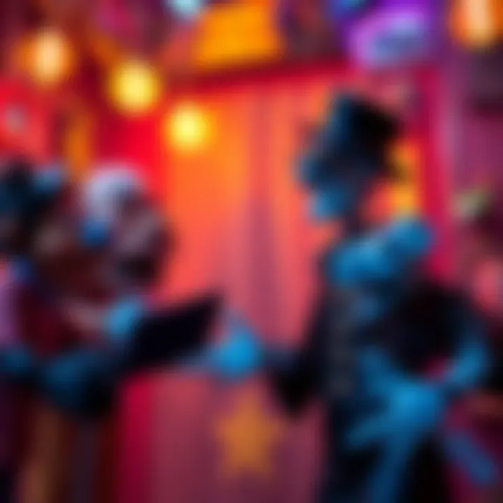 Character P in puppet world The character P interacting with puppets in a vibrant game setting