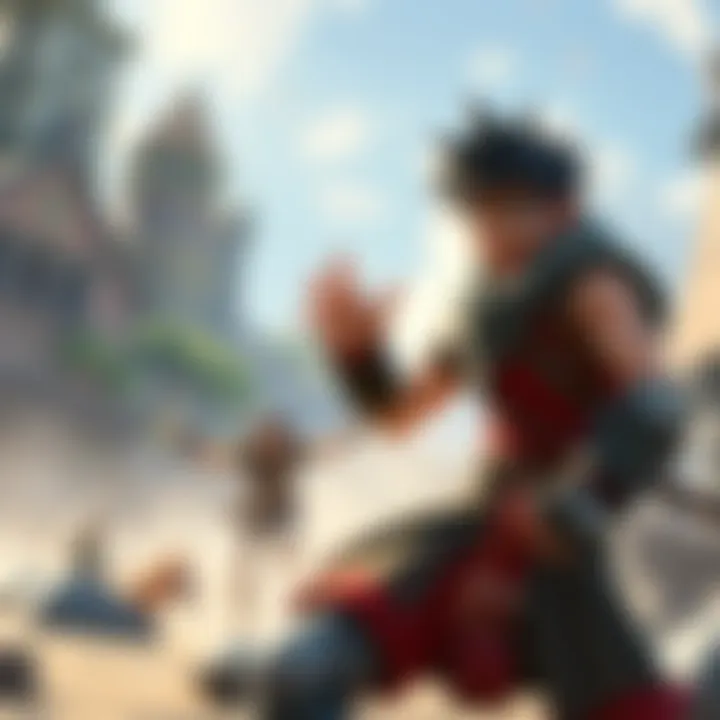 A character performing lively animations outside of combat, showing personality and energy, with a backdrop of an adventurous environment.