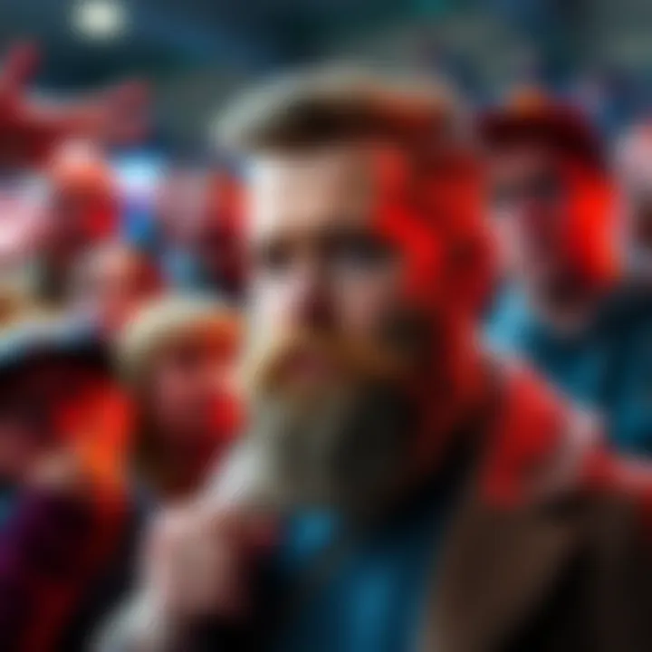 Image of a character with a noticeable beard change, showing fans' reactions around him