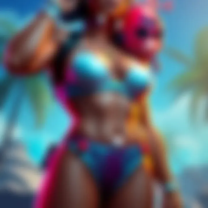 A virtual character in a bikini, showcasing a new battle pass design, raising questions about appropriateness for kids.