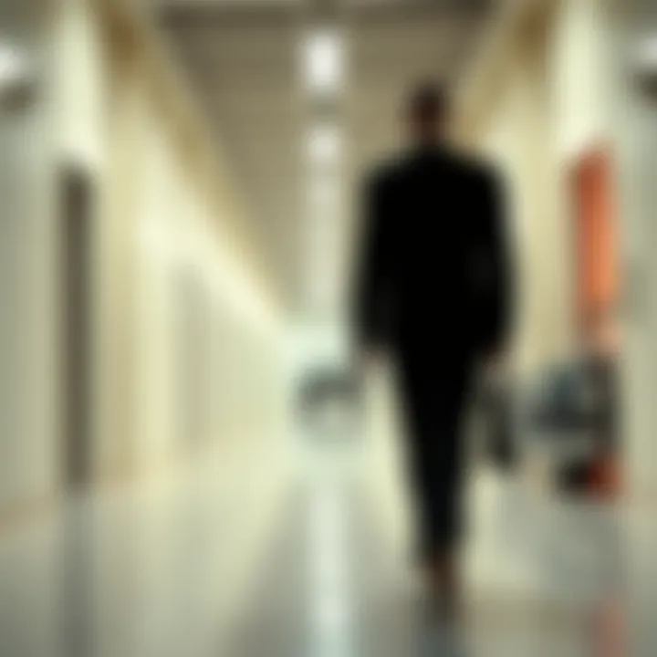 A figure in a black suit stands in a long, white corridor, with hints of vintage cars in the background.
