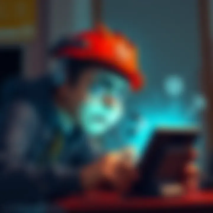 A character struggling with a device, showing a frustrated expression while trying to connect to an account.