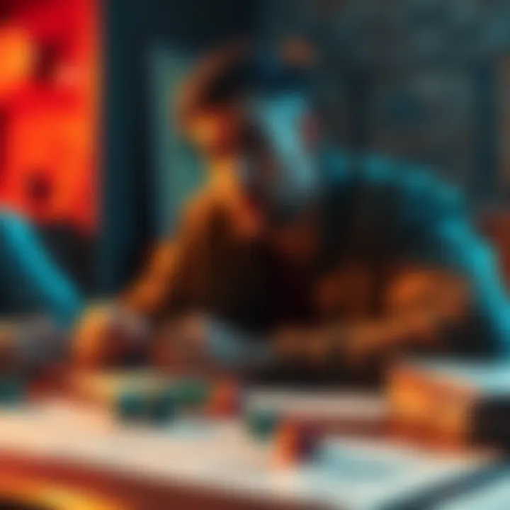 A player brainstorming character ideas at a table with dice and character sheets, looking thoughtful while considering campaign rules.