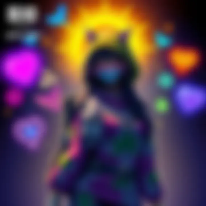 A colorful character from Dead by Daylight showcasing diverse outfits representing femininity, surrounded by game elements and community symbols.