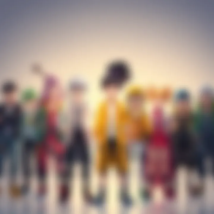 A lineup of diverse character designs showcasing different hairstyles, outfits, and accessories for customization.