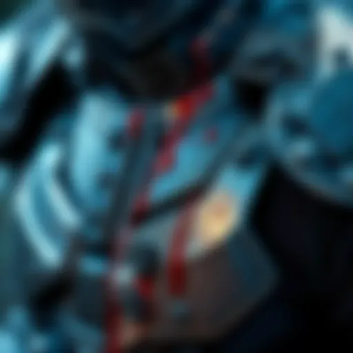 Close-up of a game character's armor showing detailed blood splatters after defeating foes