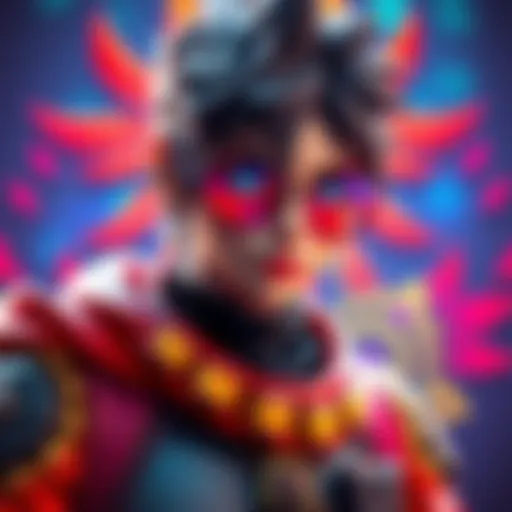 A detailed view of a colorful game character with intricate design and stylish attire, set against a vibrant background.