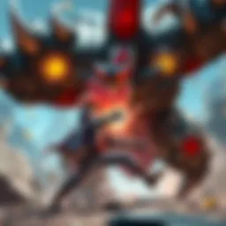 A game character skillfully evading a massive boss's attack while focusing on defense instead of offense.