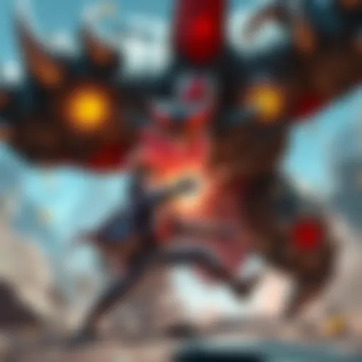 A game character skillfully evading a massive boss's attack while focusing on defense instead of offense.
