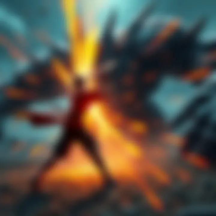 A gaming character skillfully avoiding a wide sweep attack during a boss fight, with a dramatic background and action lines emphasizing movement.