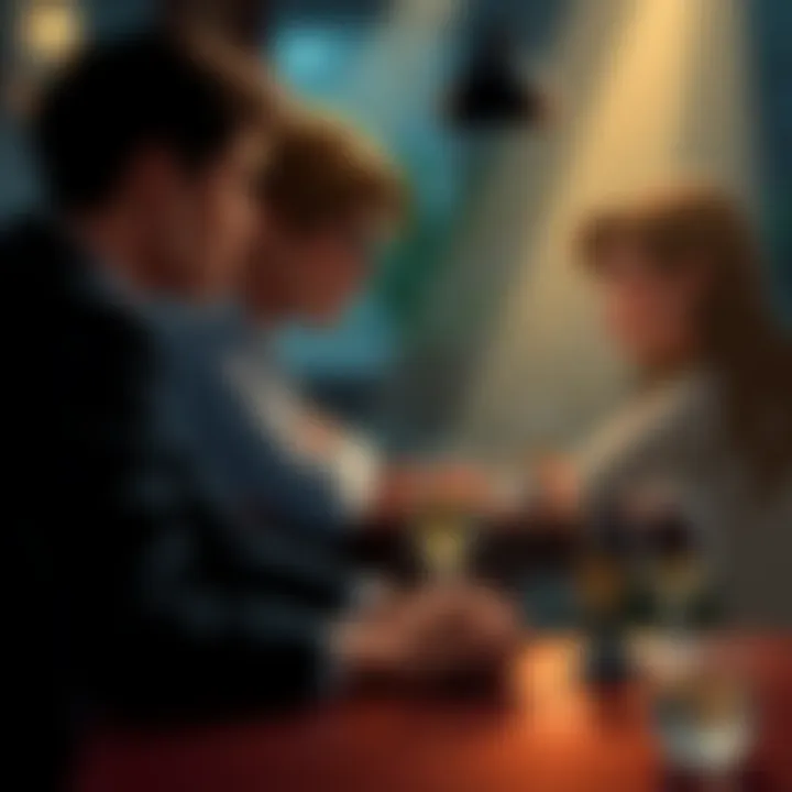 Characters sitting at a table, looking at each other with serious expressions, showcasing a tense atmosphere without romantic connection, surrounded by subtle hints of negative influences like shadows...