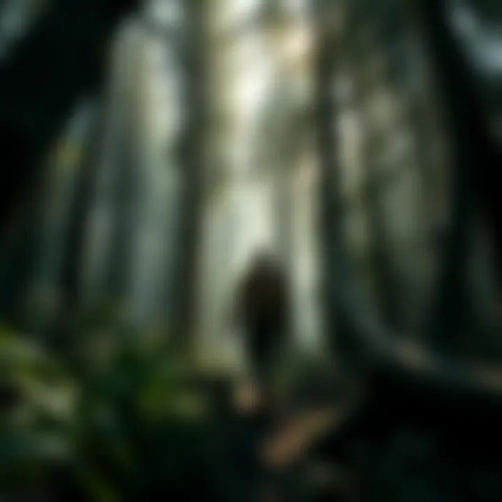 Character exploring a dense forest A character cautiously walking through a thick forest with sunlight filtering through the trees, looking curious and alert about potential dangers ahead