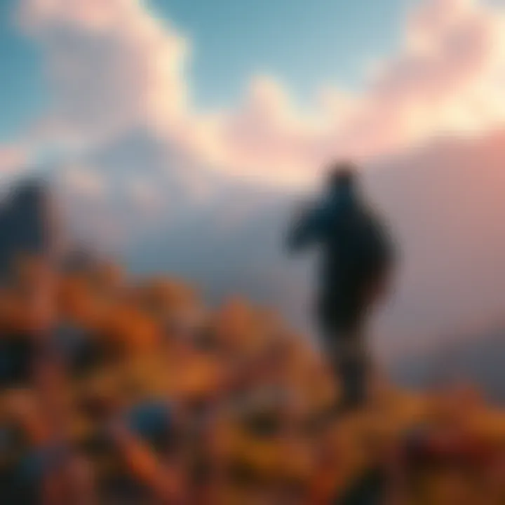 A character walking through a vibrant open-world landscape with mountains and forests in the background