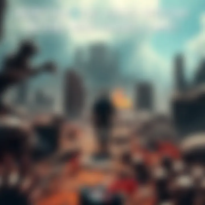 A video game character in a post-apocalyptic setting, navigating through a virus-infected environment filled with ruins and mutated creatures