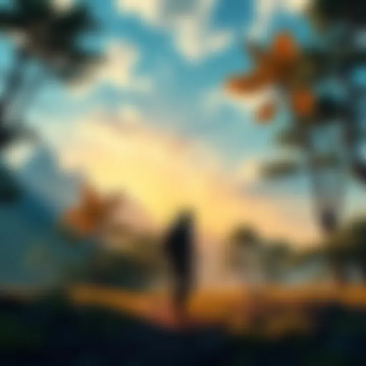 A player character wandering through a lush, open environment filled with trees and mountains, representing the exploration aspect of the game.