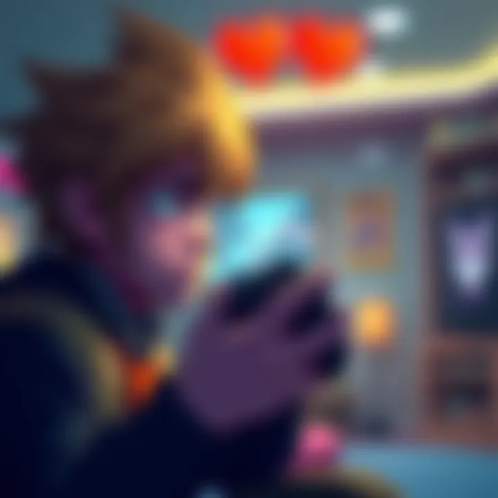 A character looking distressed, weighing choices in a gaming setting, with a controller in hand and a heart symbol above them, representing emotional stakes.