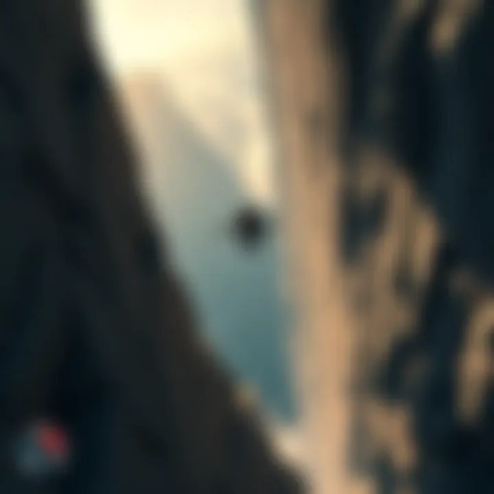 Character falling in a video game A video game character plummeting from a tall cliff, with an expression of shock, while the game interface shows a dramatic drop in health.