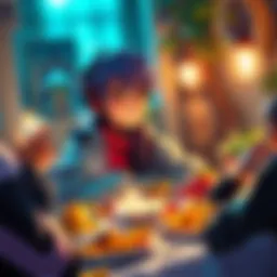 A gaming character sitting at a table filled with food, smiling as they indulge in a feast after a fasting period.