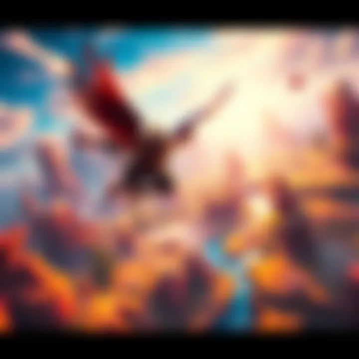 Character flying through a vibrant open world A player character soaring above a colorful landscape in an open world game, showcasing diverse terrain and stunning graphics.